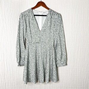 Glamorous Petite White Green Dots Deep V Dress in Long Sleeve size 2